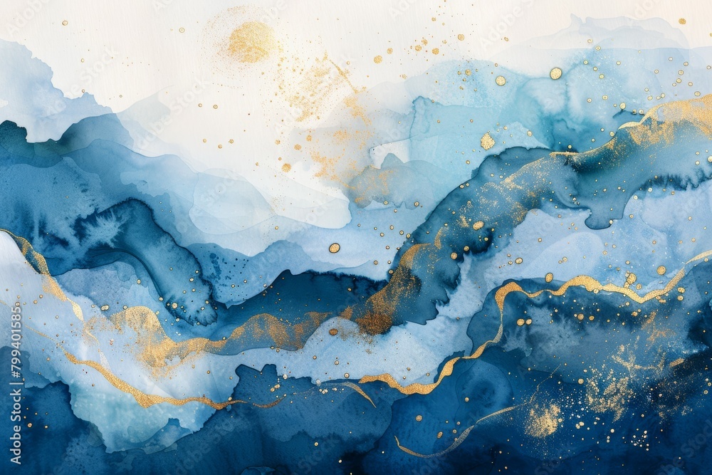 Watercolor Blue and Gold Abstract Design
