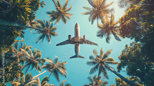 Plane flies in the sky on the beach palms, concept of travel and summer holidays, vacantion time © Kateryna Kordubailo