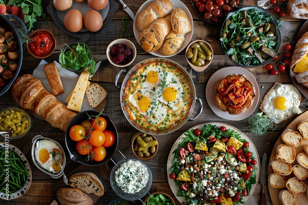 An abundant brunch spread with fresh eggs, various pastries, salads, tomatoes, and assorted condiments on a wooden table.