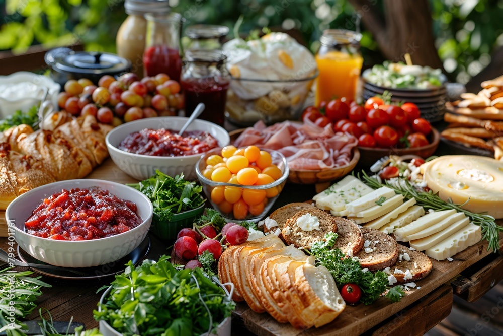 Outdoor brunch spread featuring an assortment of pastries, cheeses, fruits, meats, and beverages on a wooden table.