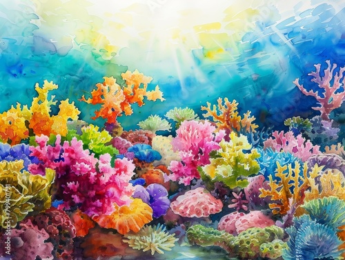 Watercolor Painting of a Vibrant Coral Reef