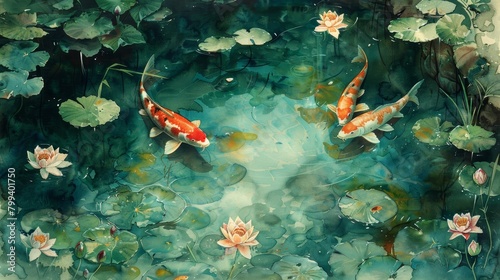 Serene Koi Pond Watercolor Painting © Custom Media