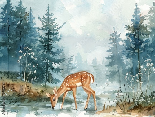 Watercolor Wildlife Scene with Deer