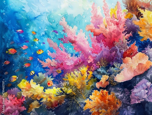 Watercolor Painting of a Vibrant Coral Reef