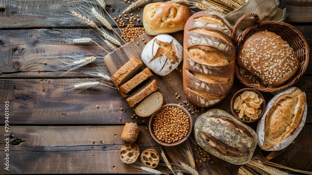 Assortment of bread varieties on a wooden surface crafted from different grains and cereals Assortment of bread varieties on a wooden surface crafted from different grains and cereals