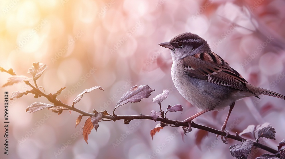   A tiny avian perched on a tree limb surrounded by green foliage against a hazy backdrop