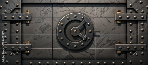 Security Concept. Closed Metal Bank Vault Door with Combination Lock and Heavy Bolts