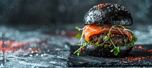 juicy black burger with red fish, vegetables and herbs on a dark background