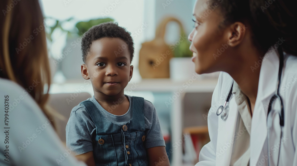 Female pediatrician talks to black little boy who is sitting on mother's lap at clinic. Female pediatrician talks to black little boy who is sitting on mother's lap at clinic.