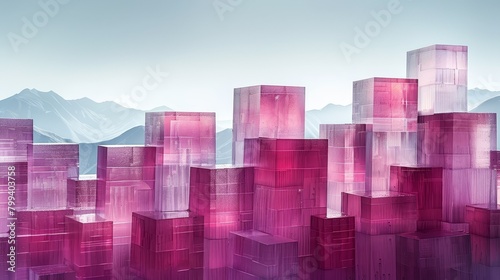 A large group of pink cubes is situated in front of snow-capped mountains in the background