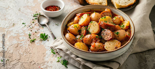 Dublin Nanny or Irish Traditional Sausage and Potato Stew, horizontal shot on a beige stone background