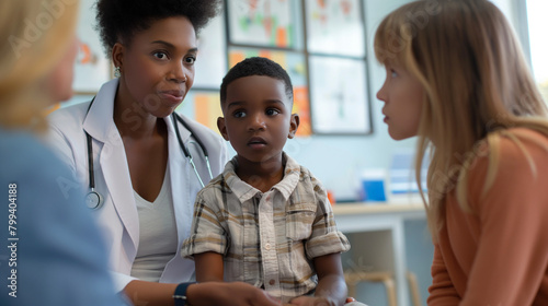 Female pediatrician talks to black little boy who is sitting on mother's lap at clinic.