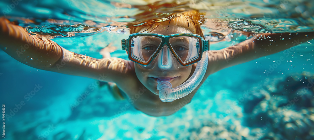 Fototapeta premium boy with a mask swims underwater in the sea