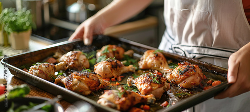 Woman serving fresh baked chicken legs on a baking sheet in the kitchen