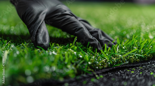close-up of male hands in black gloves laying green artificial turf on his property