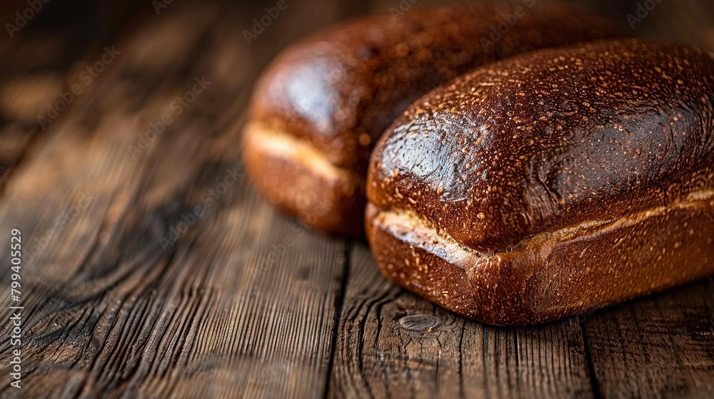 Two loaves of bread on wooden surface, blurred background Two loaves of bread on wooden surface, blurred background