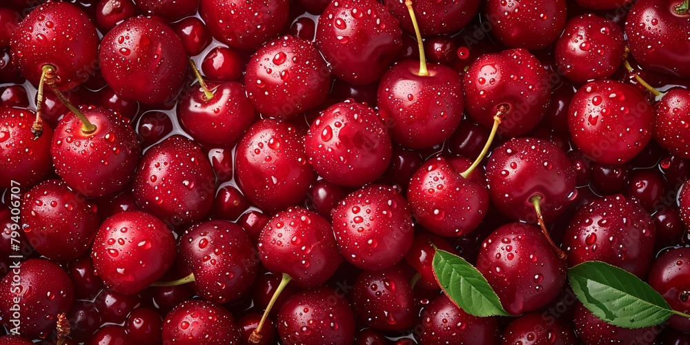 Numerous shiny red cherries with drops of water, densely packed, featuring a pair of green leaves. Numerous shiny red cherries with drops of water, densely packed, featuring a pair of green leaves.