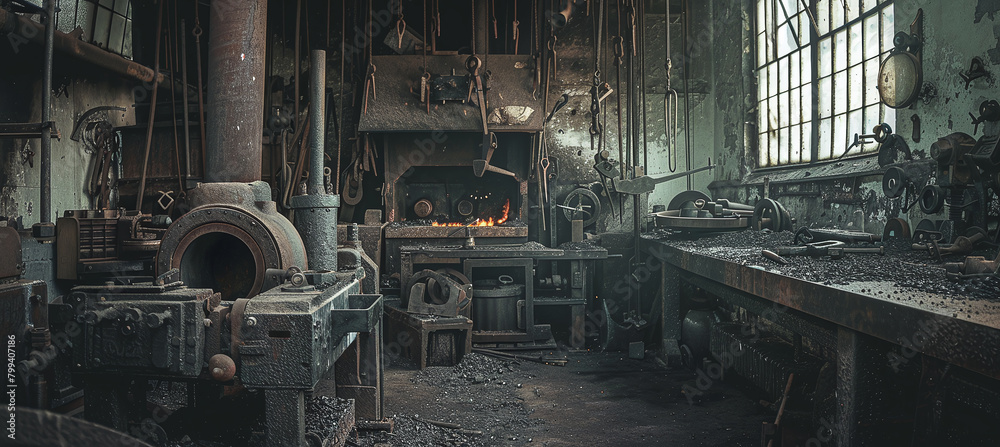Historic machinery in a blacksmiths worksshop