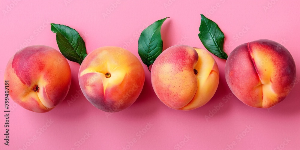 Four vibrant peaches with leaves lined up on a pink background, forming a colorful, fruity banner.