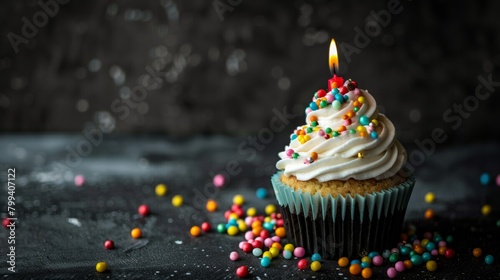 Cupcake With Lit Candle Surrounded by Sprinkles