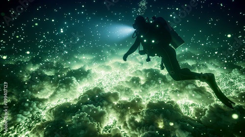 Luminous Underwater Adventure Diver Silhouette Glowing in Phosphorescent Sea with Marine Snow © ASoullife
