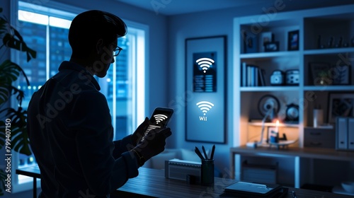 Techsavvy Professional Testing HighSpeed WiFi on Smartphone in Modern Home Office Silhouette Image with Backlighting