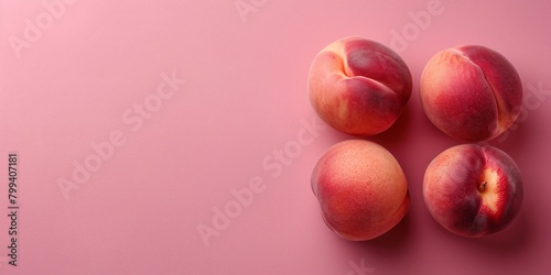 Four fresh peaches on a smooth peach-colored background, arranged neatly from left to right.