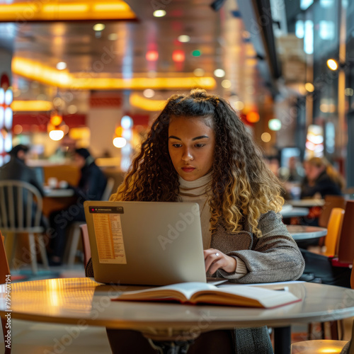 Woman Sitting at Table Using Laptop Computer