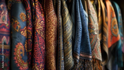 colorful collection of silk scarves showcases intricate patterns and rich textures, capturing the essence of traditional fabric design