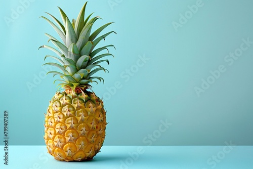 A ripe pineapple stands on a turquoise surface against a matching turquoise background, highlighting its vibrant yellow and green colors.