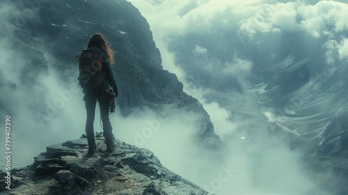 Woman Sitting on Top of a Mountain With a Backpack