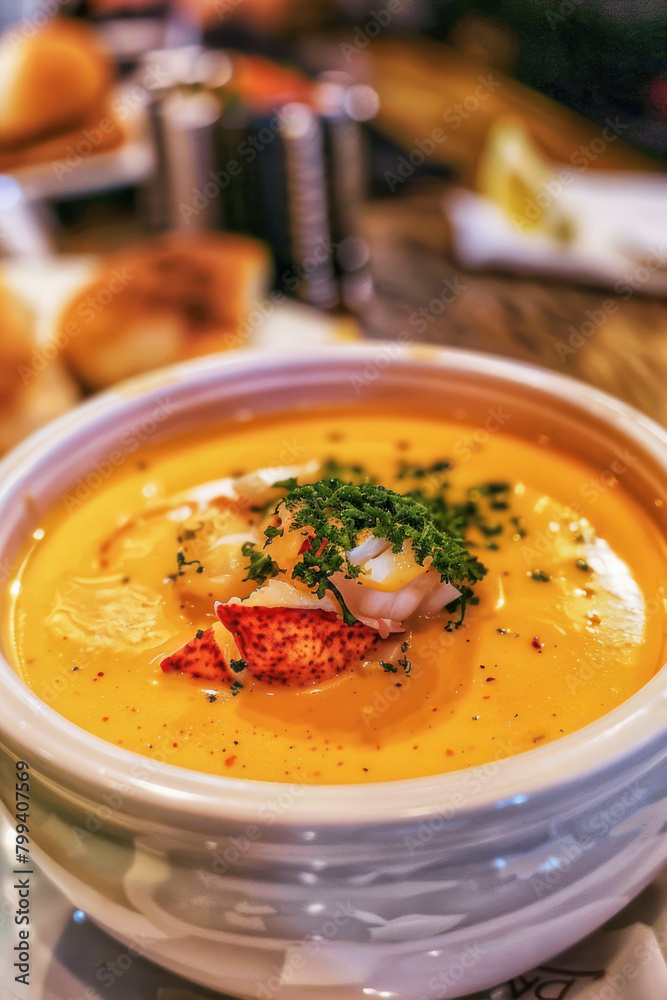 Delicious Lobster Bisque Presentation., Culinary World Tour, Food and Street Food Delicious Lobster Bisque Presentation., Culinary World Tour, Food and Street Food