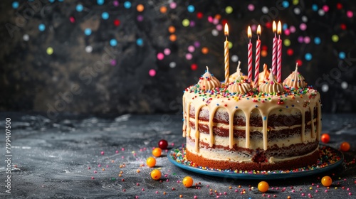 Chocolate Cake With Lit Candles on a Plate