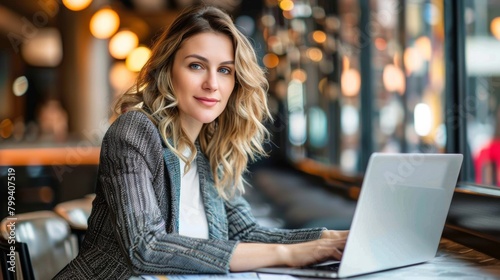 Woman Sitting at Table Using Laptop Computer