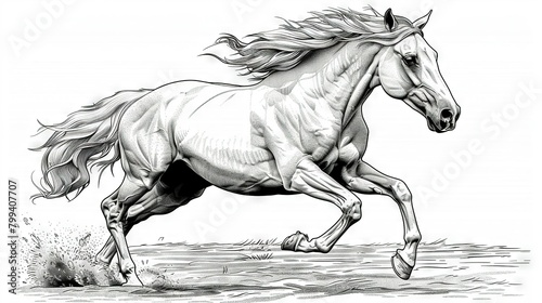   A monochromatic depiction of a horse mid-gallop  with both its front and rear limbs elevated above the ground
