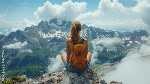 Woman Sitting on Top of a Mountain With a Backpack