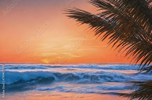sunset over the sea, sunset over the ocean with waves crashing against a shore. palm tree in the foreground, silhouetted against the colorful sky.