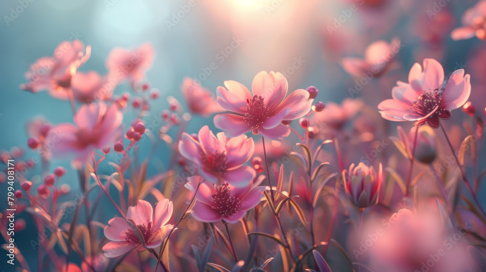 A field of pink flowers with a blue sky in the background A field of pink flowers with a blue sky in the background