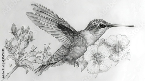   A monochrome illustration of a flying hummingbird beside a flower in the foreground and surrounding flora in the background