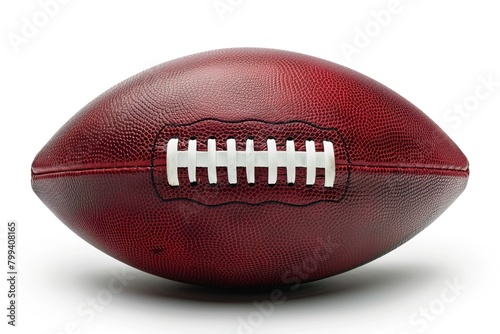 Rich brown football with white stitching, slightly deflated, resting on its side. Laces facing the camera, clean white background enhances the design, capturing the essence of the sport