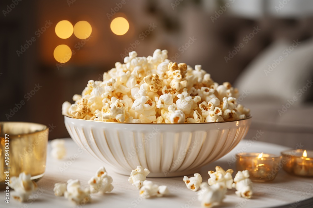 A bowl of freshly popped popcorn on a table, surrounded by ambient candlelight in a cozy setting. A bowl of freshly popped popcorn on a table, surrounded by ambient candlelight in a cozy setting.