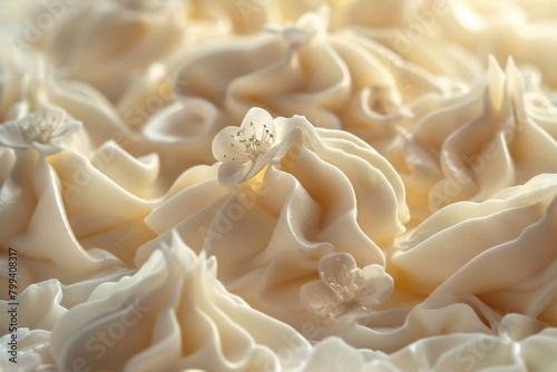 A close-up view of a creamy white floral decoration, possibly made of icing or cream, embellished with small blossoms.