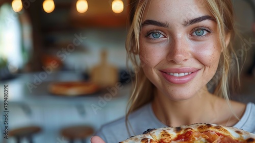 Woman Holding Pizza in Front of Face