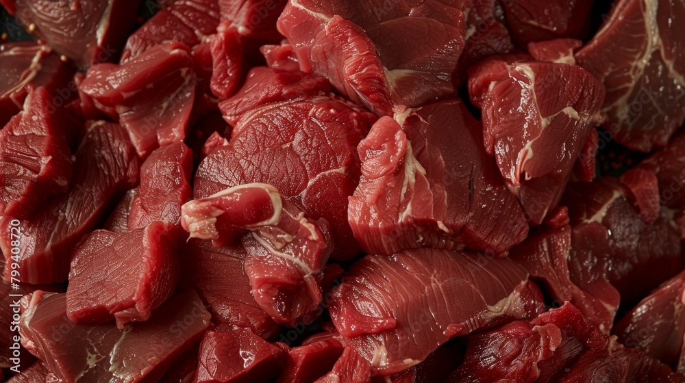 A pile of fresh beef on a wooden surface