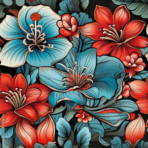 A lively seamless pattern of hand-drawn flowers in blue  red  and orange. Retro-styled design with varied flower sizes  focusing on blue hibiscus. Ideal as a background for eye-catching visuals