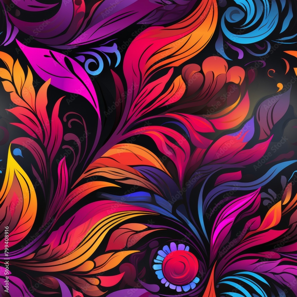 This is a seamless pattern featuring a vibrant and colorful floral design on a black background. It is perfect for use in a variety of applications such as textile, wallpaper, and web design