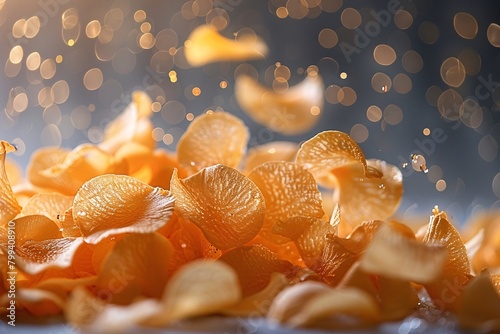 Close-up of golden potato chips scattered artistically with a shimmering bokeh background, emphasizing texture and light play.