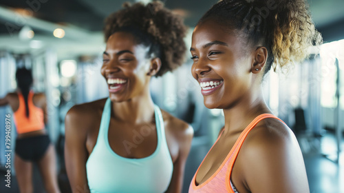Happy black woman warming up with her female friend during sports training in gym. © Natali