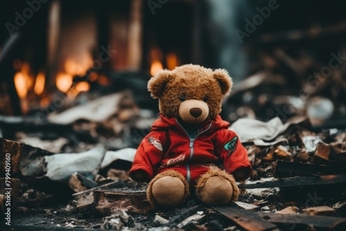 A lone teddy bear sits abandoned in the rubble of a burnt down house. The bear is wearing a red coat and has a sad expression on its face. The background is a charred mess of debris and ashes photo