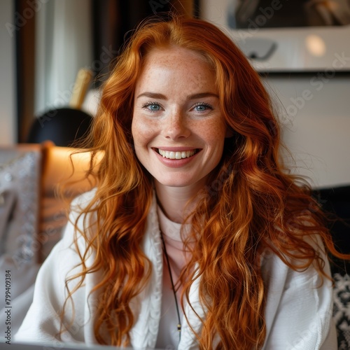 Woman With Red Curly Hair Sitting in Front of Laptop